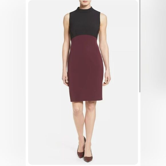 NWT Halogen Black Burgundy colorblock mock neck sheath dress - Picture 1 of 9
